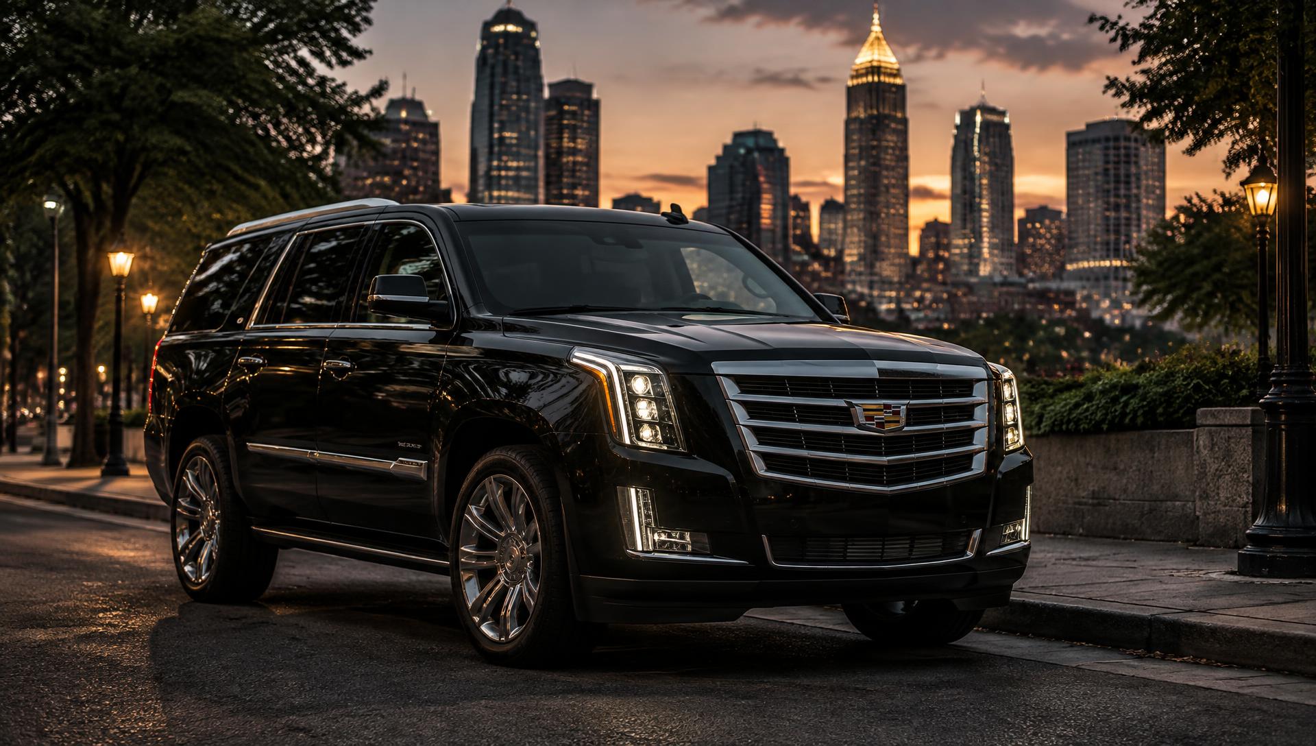 Black Cadillac Escalade parked at dusk with the Atlanta skyline behind it